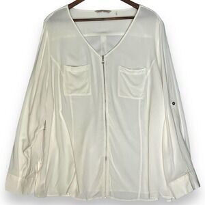 Soft Surroundings Zip Front Tunic Blouse Roll Tab Sleeve Pocket White Viscose 2X